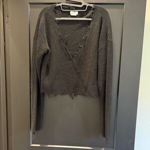 Lovers + Friends Black Distressed V-Neck Cropped Sweater
